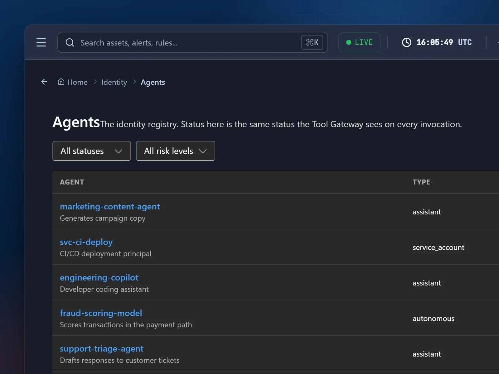 The ARGUS ONE agent registry listing AI agents with their type, risk, status and last activity