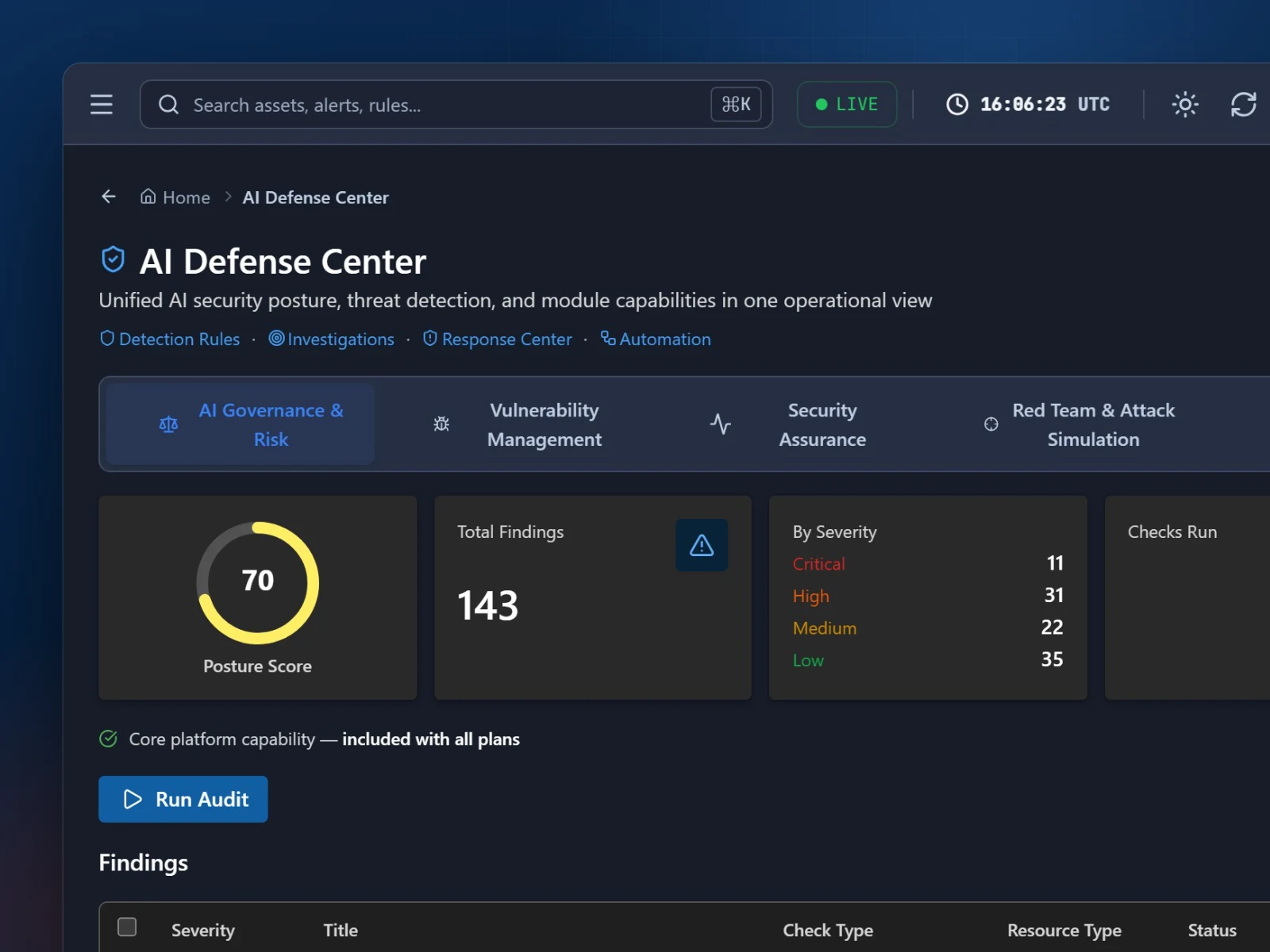 The AI Defense Center with a posture score of 70 and findings broken down by severity