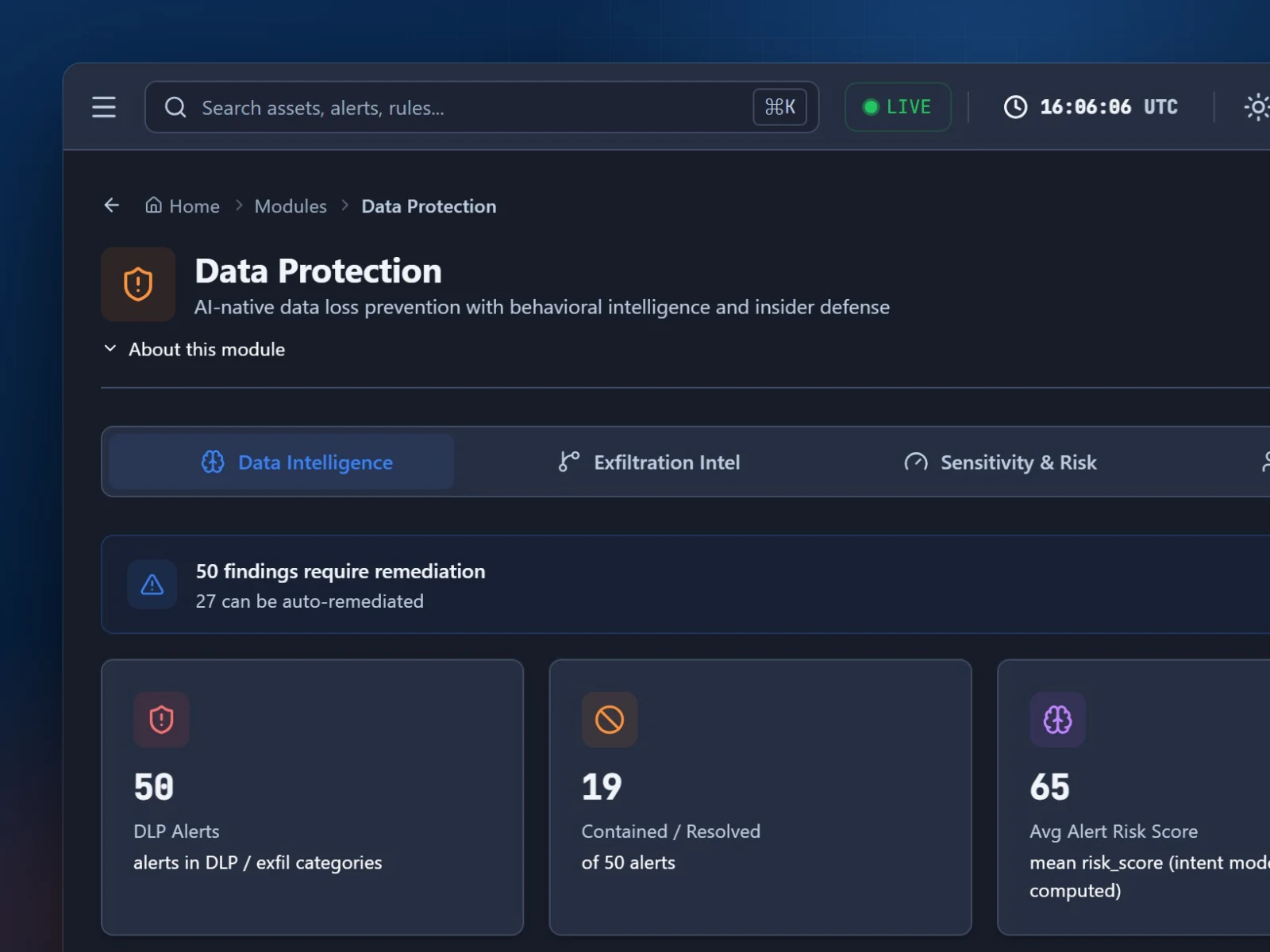 AI DataGuard showing findings that need remediation, DLP alerts and contained incidents